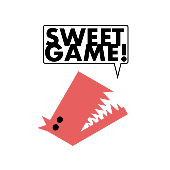 Sweetgame logo with word mark. A red wolf head looking up with open mouth. A dialogue balloon above saying "SWEETGAME!"
